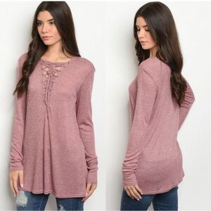 🍁New Fall🍁 Mauve Lace Up Front Mauve Ribbed Tunic Top